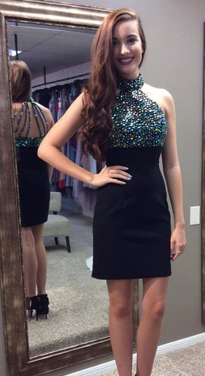 Rhinestone prom dress, Beaded Bodice Black Homecoming Dresses,Sparkly Cocktail Dresses,Little Black Dresses for Prom,BD909