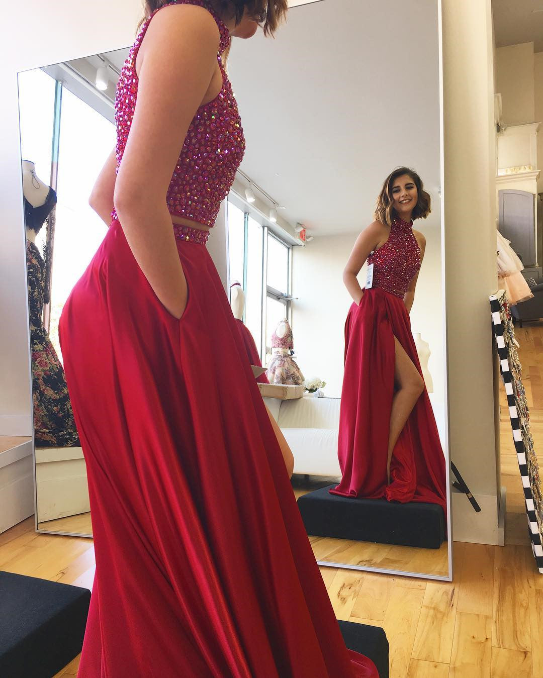 popular two pieces red beaded long prom dress with side slit,HO136