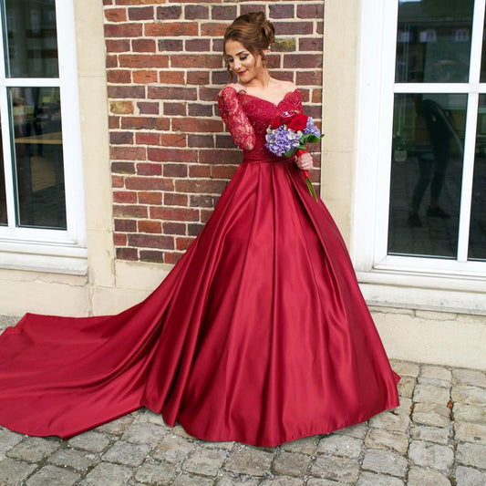 Satin Prom Dresses,A-line Prom Dress,Long Sleeve Prom Dress,Gorgeous Prom Dress,Deep V-neck Prom Dress,PD0032