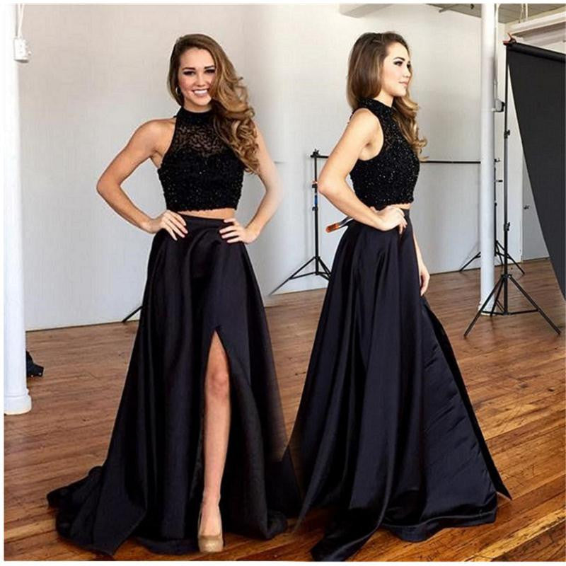 Two Pieces Prom Dresses,Beading Prom Dress,Leg Slit Prom Dress,Satin Prom Dress,High Quality Prom Dress,PD0023