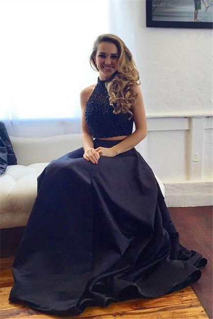 Two Pieces Prom Dresses,Beading Prom Dress,Leg Slit Prom Dress,Satin Prom Dress,High Quality Prom Dress,PD0023