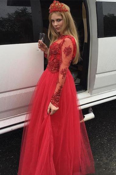 Tulle Red Prom Dress with Beading, Long Sleeve Appliques Prom Gown,PD4558902