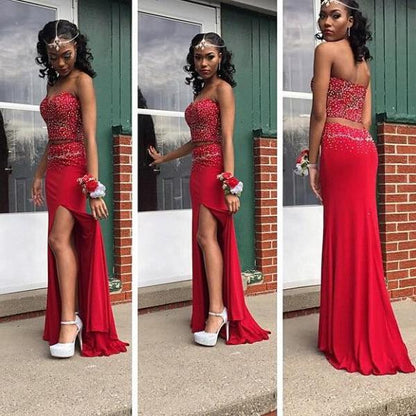 Two Pieces Prom Dresses, Red Prom Dress,Off-shoulder Prom Dresses,Leg Slit Prom Dress,Sexy Prom Dresses,PD00217