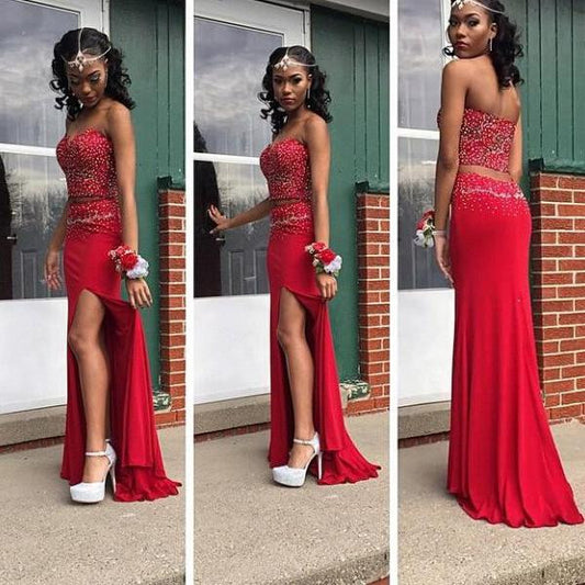 Two Pieces Prom Dresses, Red Prom Dress,Off-shoulder Prom Dresses,Leg Slit Prom Dress,Sexy Prom Dresses,PD00217