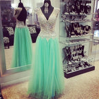 green tulle beaded v-neck cap sleeves long prom dress,HO140