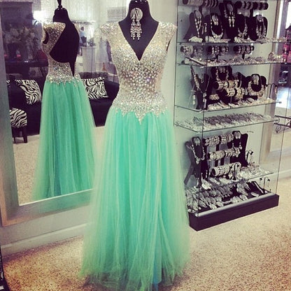 green tulle beaded v-neck cap sleeves long prom dress,HO140