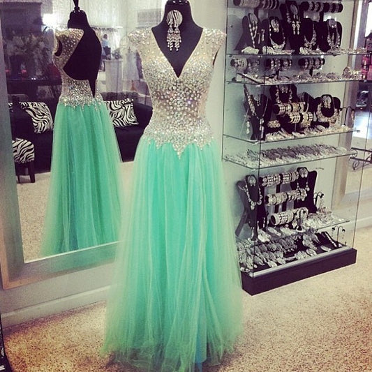 green tulle beaded v-neck cap sleeves long prom dress,HO140
