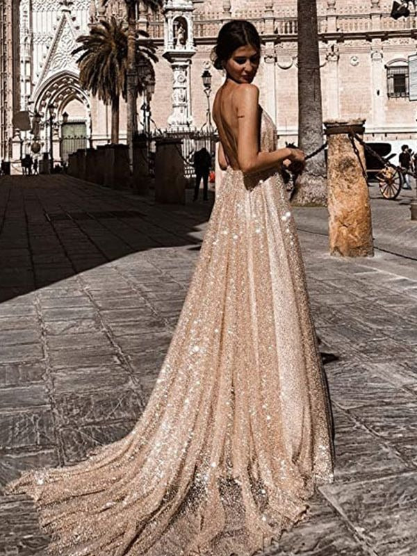 A Line Shiny V Neck Side Slit Champagne Backless Sequence Long Prom Dresses BD22098