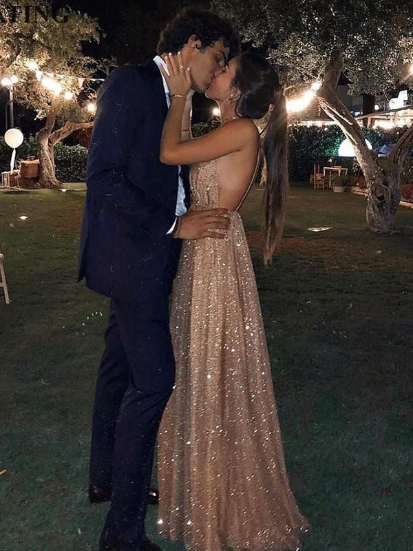 A Line Shiny V Neck Side Slit Champagne Backless Sequence Long Prom Dresses BD22098