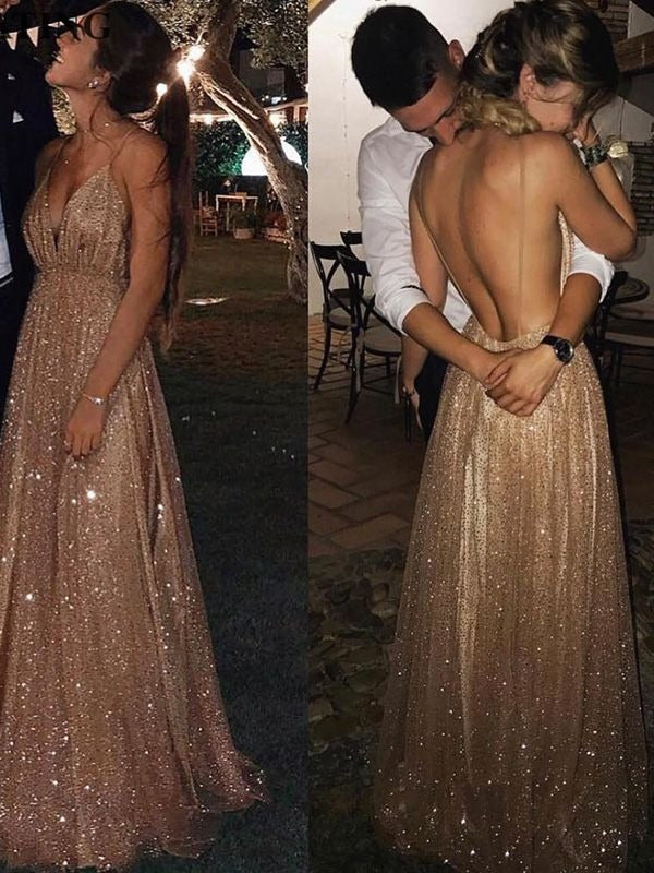 A Line Shiny V Neck Side Slit Champagne Backless Sequence Long Prom Dresses BD22098