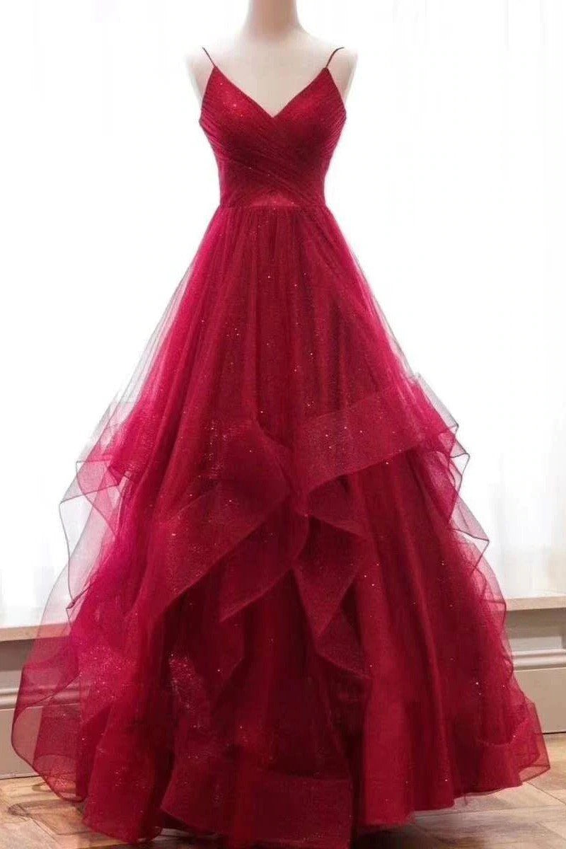 A Line Red Sweetheart Tulle Layered Long Prom Dresses BD22091