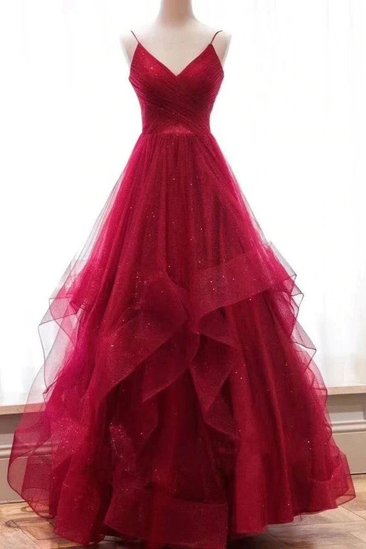 A Line Red Sweetheart Tulle Layered Long Prom Dresses BD22091