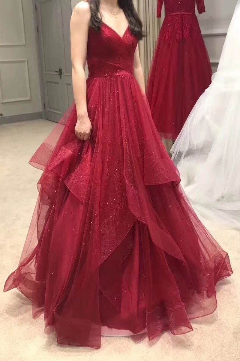 A Line Red Sweetheart Tulle Layered Long Prom Dresses BD22091