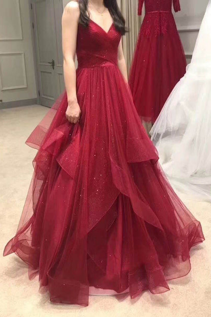 A Line Red Sweetheart Tulle Layered Long Prom Dresses BD22091