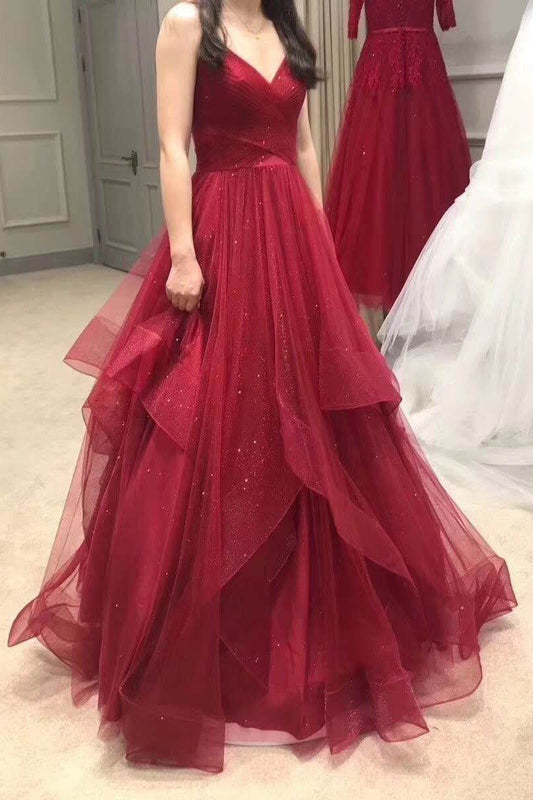 A Line Red Sweetheart Tulle Layered Long Prom Dresses BD22091
