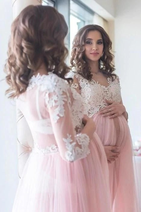 A Line Long Sleeves Tulle Sweetheart Appliques Side Slit Long Prom Dresses BD22088