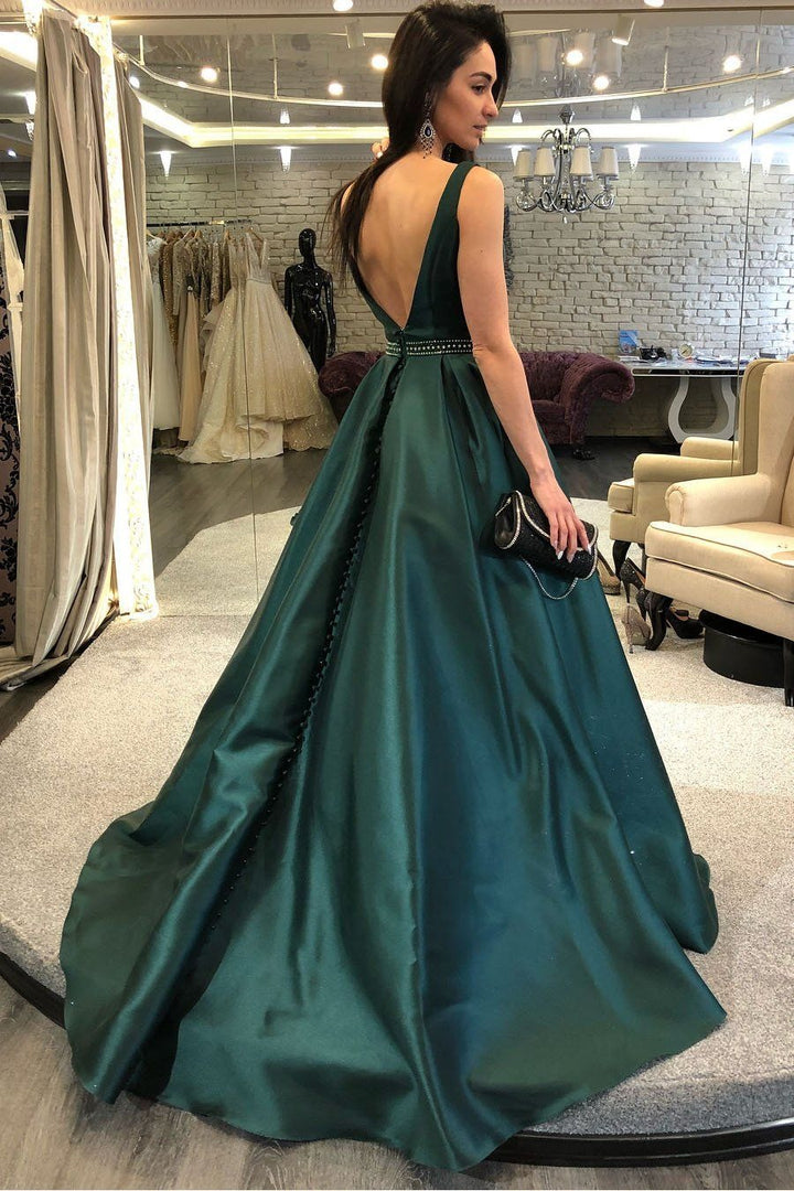 A Line Satin Dark Green Beaded Sash Long Prom Dresses BD22121