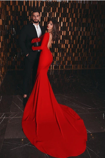 Mermaid Long Sleeves Red Backless Long Prom Dresses BD22120