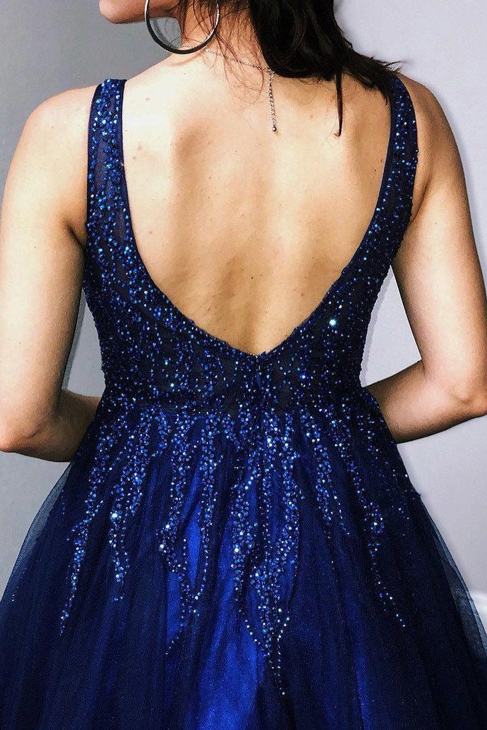 A Line Royal Blue Beaded Tulle V Neck Long Prom Dresses BD22117