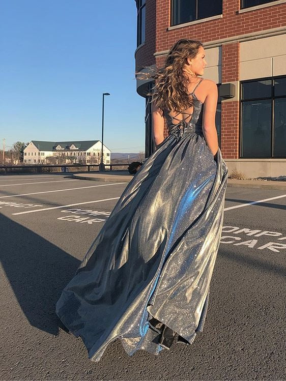 A Line Halter Lace Up Back Gray Long Prom Dresses BD22116