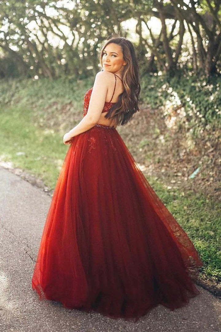 A Line Tulle Backless Sweetheart Red Beaded Long Prom Dresses BD22112