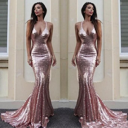 V Neck Sequence Pink Mermaid Long Prom Dresses BD22100