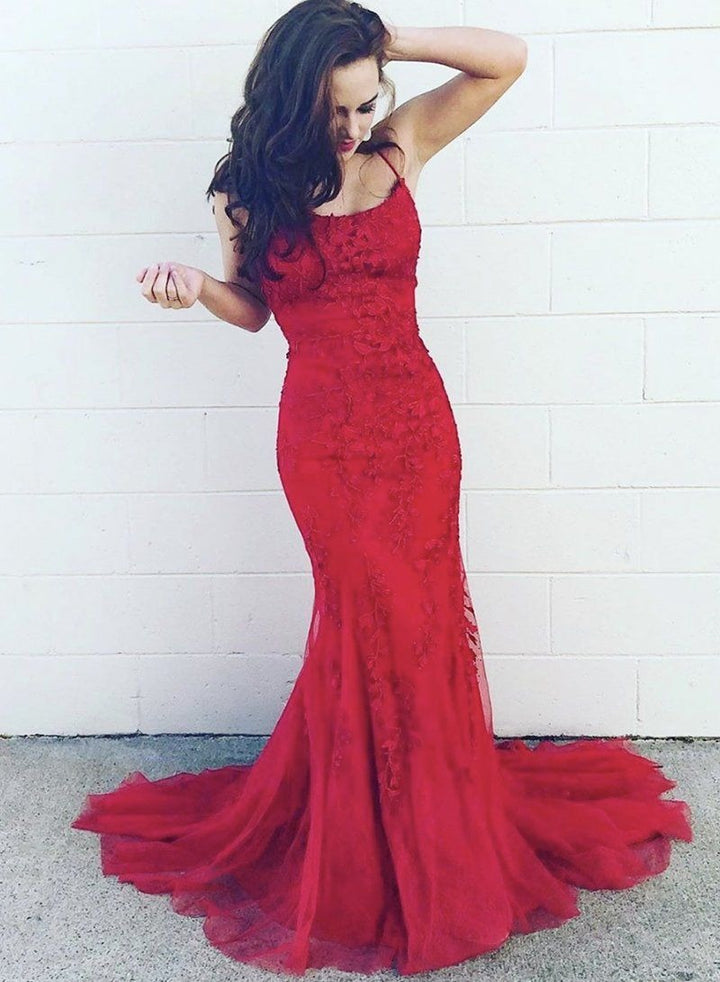 Halter Red Sheath Tulle With Appliques Long Prom Dresses  BD22126