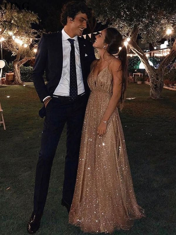 A Line Shiny V Neck Side Slit Champagne Backless Sequence Long Prom Dresses BD22098