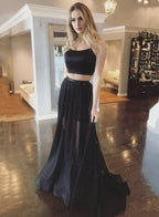 Two Pieces Tulle Halter A Line Black Lace Up Long Prom Dresses BD22101