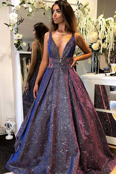 sparkle a-line long purple deep v-neck prom dress, HO232