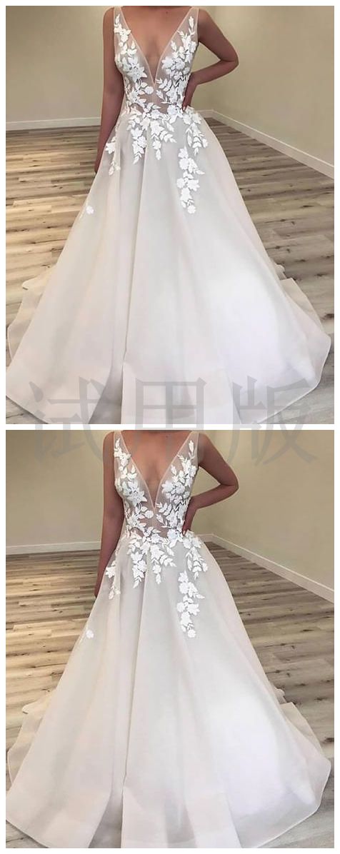 popular v-neck A-line long prom dress with appliques cheap wedding dress,HO192