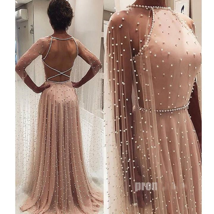 Beaded Dusty Pink Long Sleeves Long Chic Prom Dress