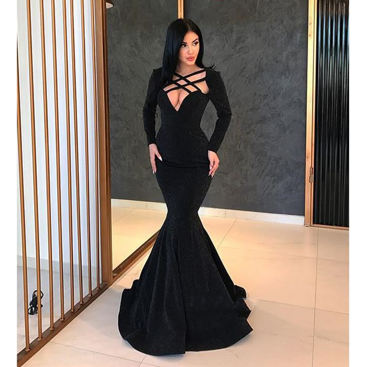 Black long sleeves mermaid formal long Prom Dress