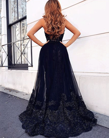 Mermaid Sweetheart Split Front Detachable Train Black Lace Prom Dress with Tail,BH91039