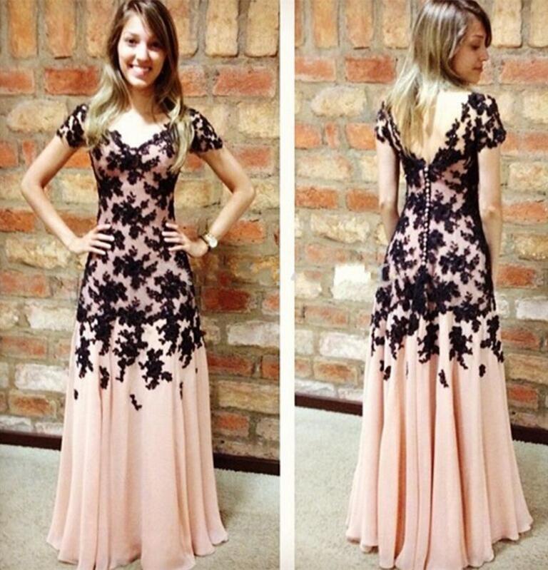 modest short sleeves blush pink with black lace appliques long prom dress,HO138