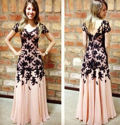 modest short sleeves blush pink with black lace appliques long prom dress,HO138