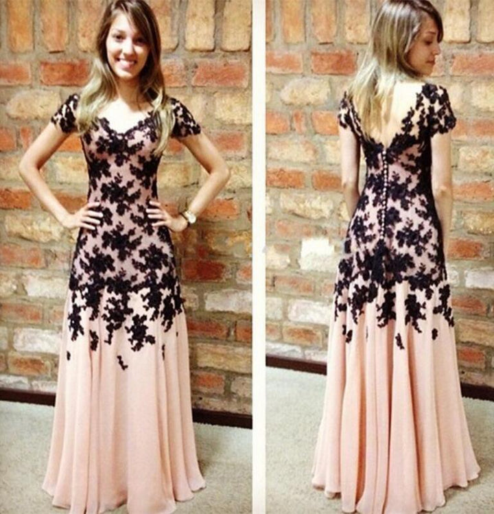 modest short sleeves blush pink with black lace appliques long prom dress,HO138