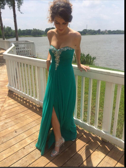 simple green chiffon long evening dress chic strapless prom dress,HO143