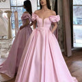 Pink Puffy Sleeves Satin Prom Dresses A Line Long Party Evening Dresses With Pockets,BD22002