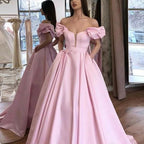 Pink Puffy Sleeves Satin Prom Dresses A Line Long Party Evening Dresses With Pockets,BD22002