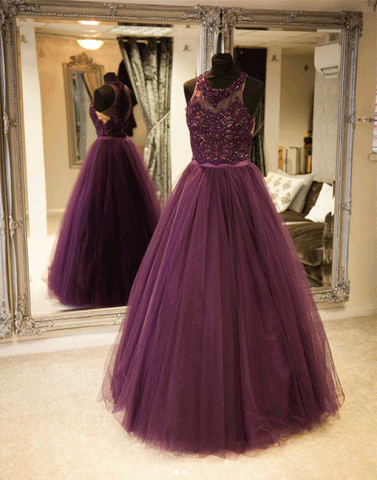 Purple tulle lace long prom dress, purple evening dresses,PD790018