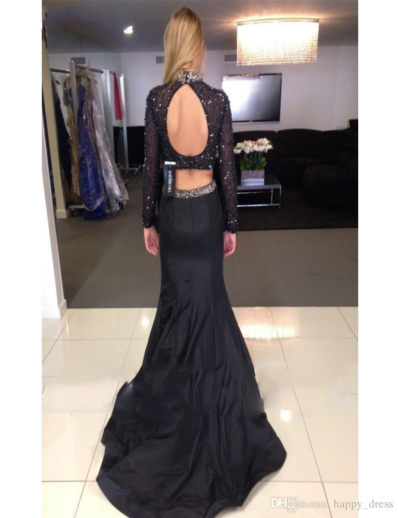 black prom dress,long Prom Dress,mermaid prom dress,two pieces evening dress,long sleeves prom dress,BD2718