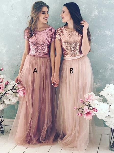 Sequined Tulle Bridesmaid Dress,Long Bridesmaid Dress,Bridesmaid Dress with Short Sleeves,072601