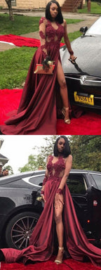 chic sexy burgundy long sleeves side slit evening dress,HO132