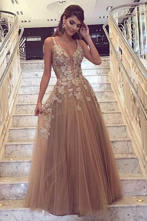 Spaghetti Straps Light Brown Tulle With Appliques Long Prom Dress