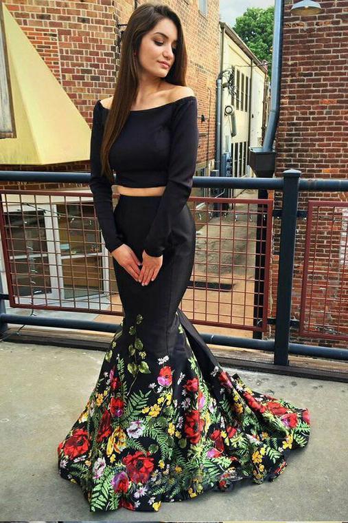 Mermaid Two Pieces Long Black Off Shoulder Prom Dress