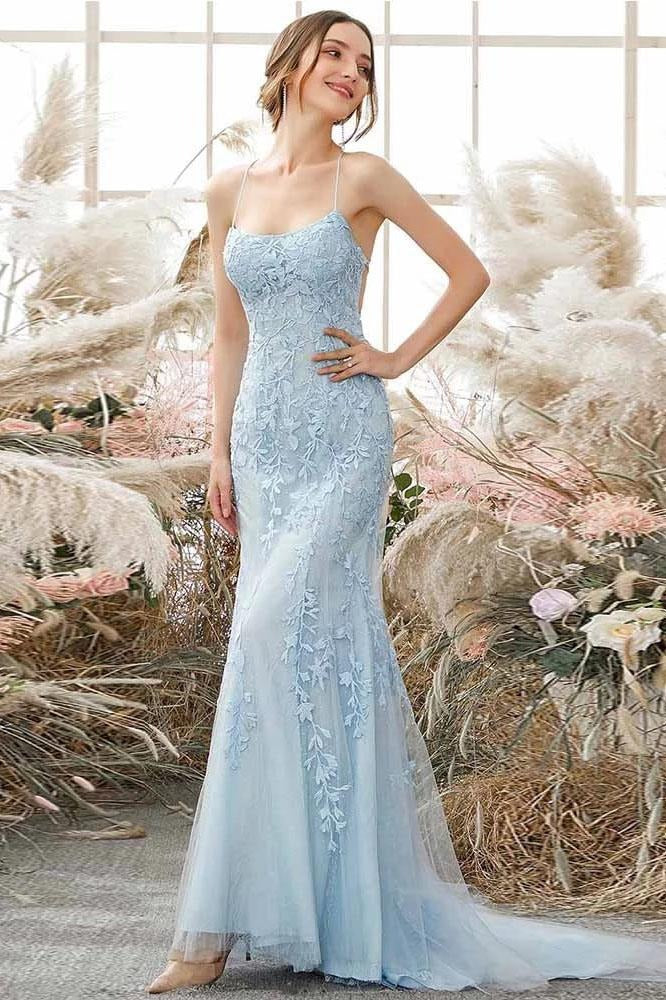 Sky Blue Long Mermaid Lace Appliques Prom Dresses,BD22035