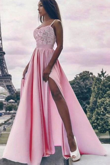 A Line Spaghetti Straps High Slit Sweetheart Chiffon Lace Appliques Prom Dresses,BD22014