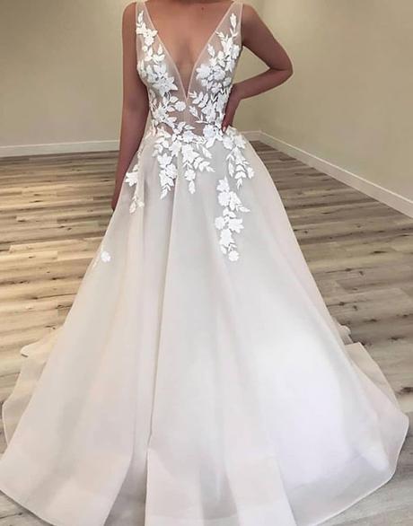 popular v-neck A-line long prom dress with appliques cheap wedding dress,HO192