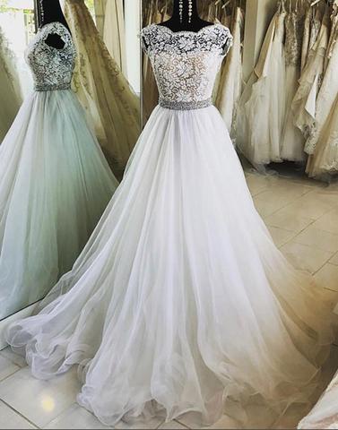 White lace tulle long prom dress, evening dress